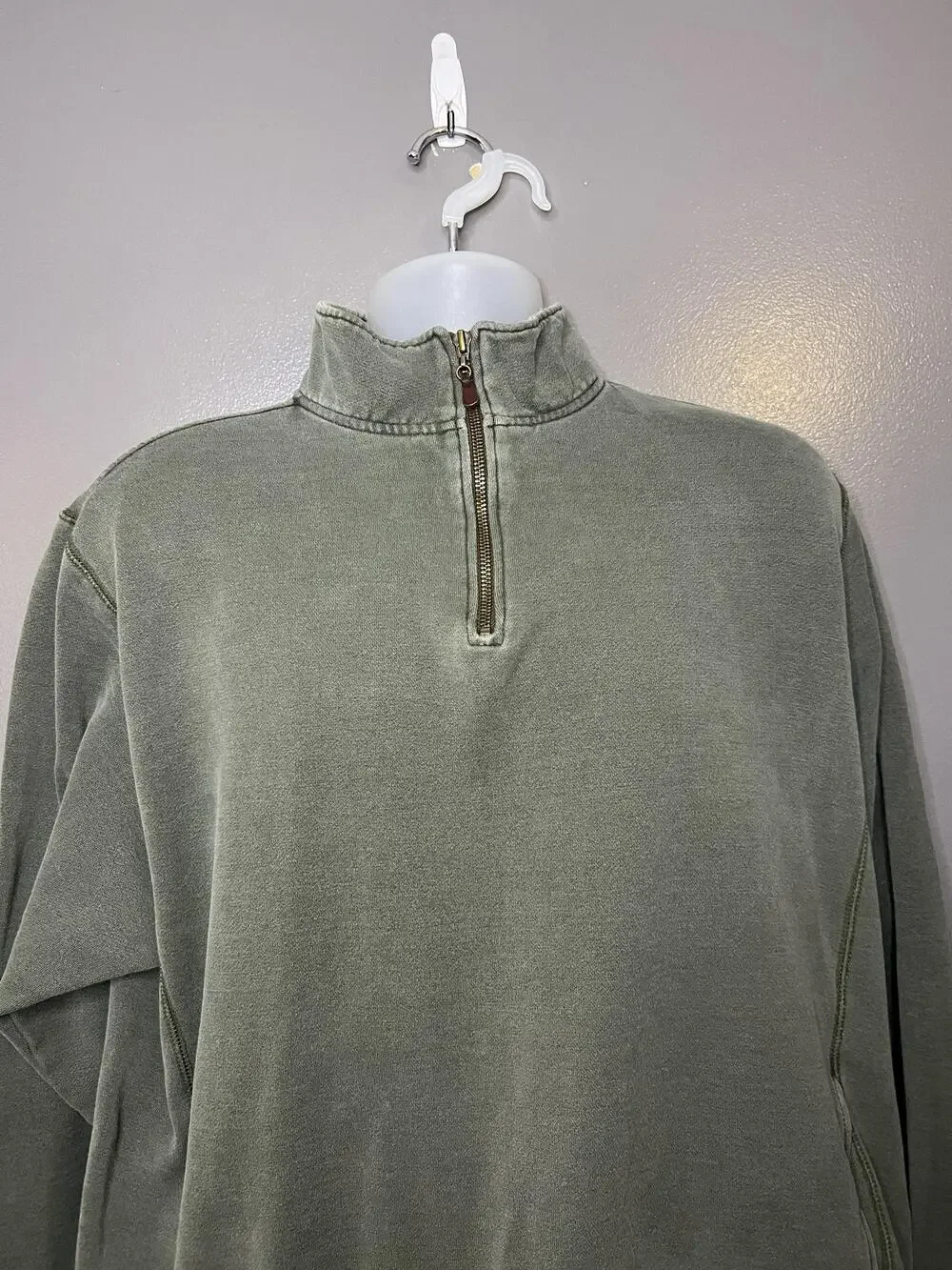 L.L. Bean Sweatshirt Mens Large Green 1/4 Zip Fleece Pullover Pockets Mock Neck